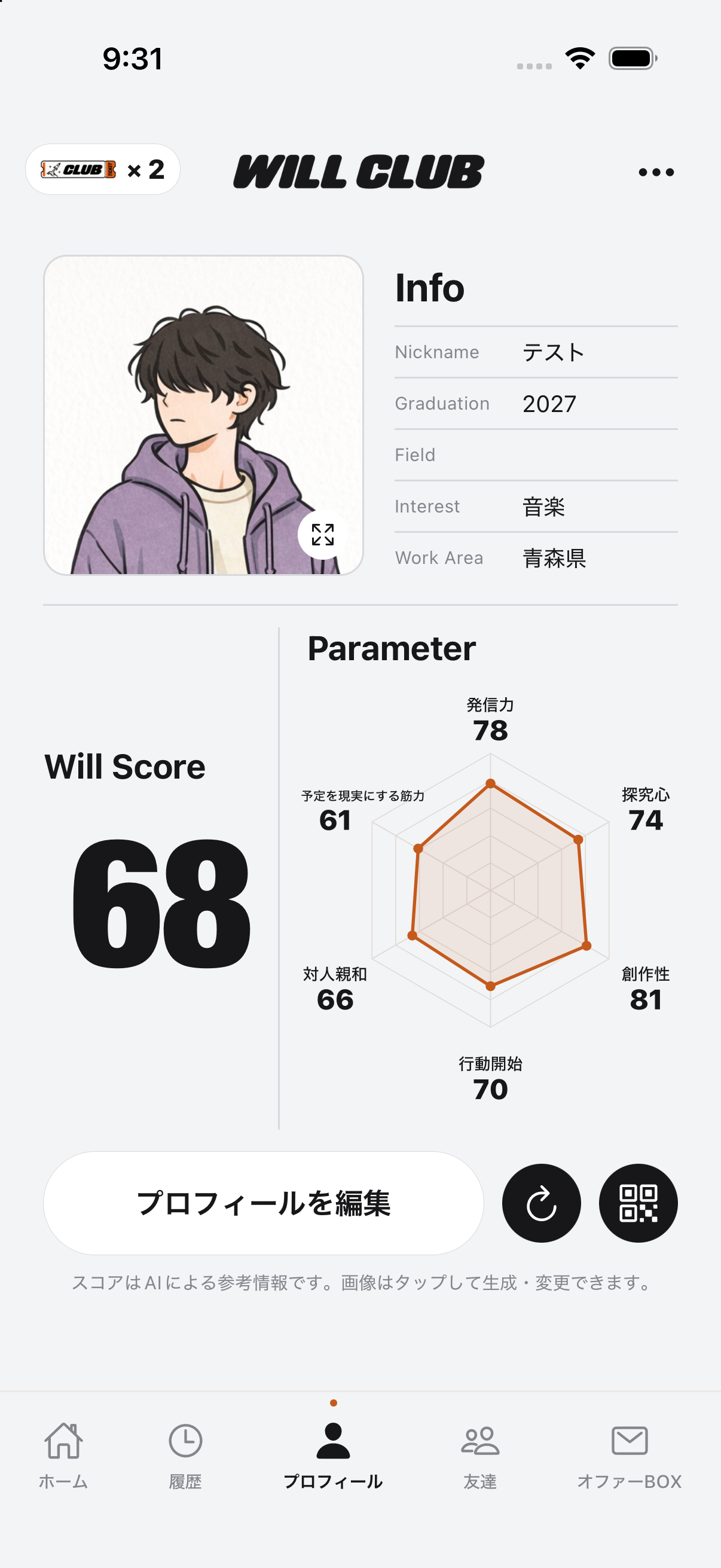 Will Score 68とレーダーチャートを表示したプロフィール画面